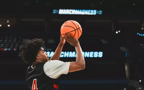 Christian Anderson puts up a shot in an open practice at the NCAA Tournament.