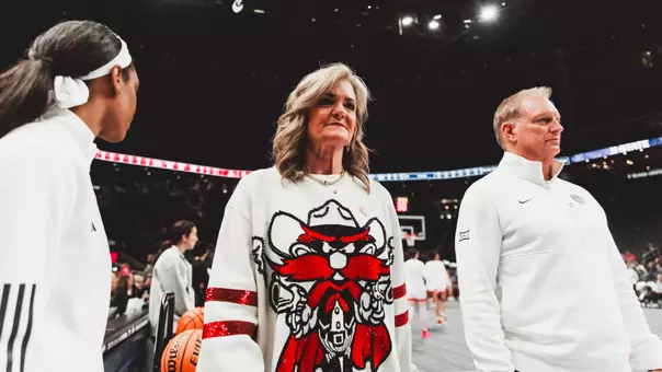 Krista Gerlich walking on the court during the Big 12 Tournament. Texas Tech vs Kansas State Women's Basketball in the second round of the Big 12 Tournament on March 5th, 2026 at T-Mobile Center in Kansas City, MO. Photo by Rane Paulson/Texas Tech Athletics