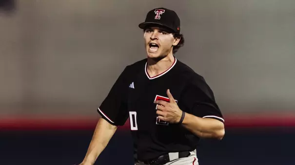Texas Tech OF/LHP Jesse Rusinek screams coming off the mound during Tech's 9-5 Friday night win