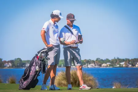 Greg Sands and Adam Bresnu discuss the next tee shot at the Valspar Collegiate Invitational