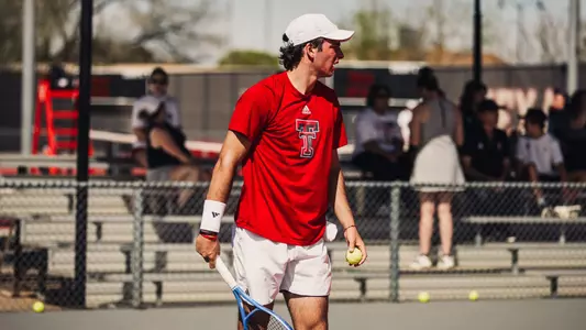 Thiago Guglieri waiting to serve the ball. Texas Tech vs UTSA Men's Tennis on March 22, 2026. (Photo by Joseph Cabrera/ Texas Tech Athletics)