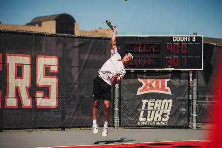 Niksa Arsic fist pumping after winning a point. Texas Tech vs UTSA Men's Tennis on March 22, 2026. (Photo by Joseph Cabrera/ Texas Tech Athletics)