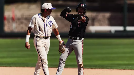 Texas Tech 2B Tracer Lopez celebrates following a lead-off double Sunday vs. TCU
