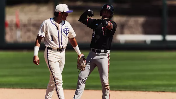 Texas Tech 2B Tracer Lopez celebrates following a lead-off double Sunday vs. TCU