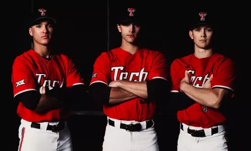 Texas Tech (L-R) Sophomore Jace Souza, Freshman RHP Jake Spindler and Sophomore INF Coleman Ryan model the Red Raiders brand-new Mahomes Gladiator Red uniform.