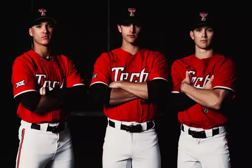 Texas Tech (L-R) Sophomore Jace Souza, Freshman RHP Jake Spindler and Sophomore INF Coleman Ryan model the Red Raiders brand-new Mahomes Gladiator Red uniform.