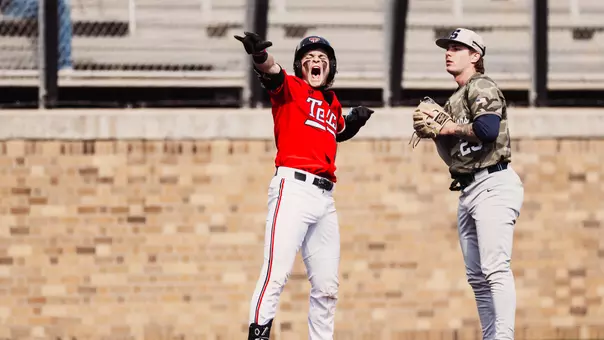 Texas Tech FR OF/LHP Jesse Ruisnek lets out a monstrous roar following his second inning triple that scored two runs