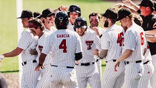 The Red Raiders celebrate the Sunday sweep of Penn State. Tech defeated PSU 14-4 in run-rule fashion Sunday.