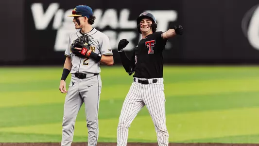 Tracer Lopez celebrates a double during the Red Raiders Friday night contest with No. 17 WVU