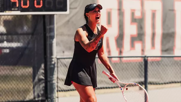 Yekaterina Dmitrichenko yells after winning a point. Texas Tech University vs Texas Christian University Women’s Tennis on April 9, 2026 in Lubbock, TX. (Photo by Morgan Pickett/Texas Tech Athletics)