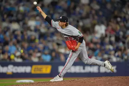Former Texas Tech RHP Andrew Morris delivers a pitch during his MLB Debut on Sunday, Apr. 12 for the Minnesota Twins