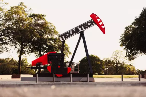 Photo of a Texas Tech-branded pumpjack located at the Green Space Area west of Jones AT&T Stadium.