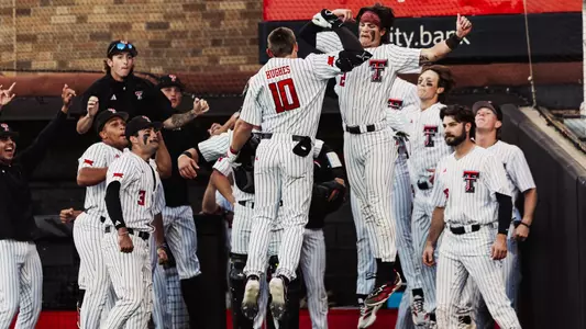 Logan Hughes celebrates his third inning home run, the 30th of his career, in Tech's 13-3 win over Tarleton Tuesday