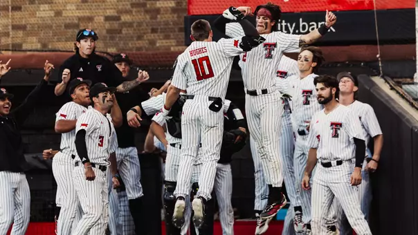 Logan Hughes celebrates his third inning home run, the 30th of his career, in Tech's 13-3 win over Tarleton Tuesday
