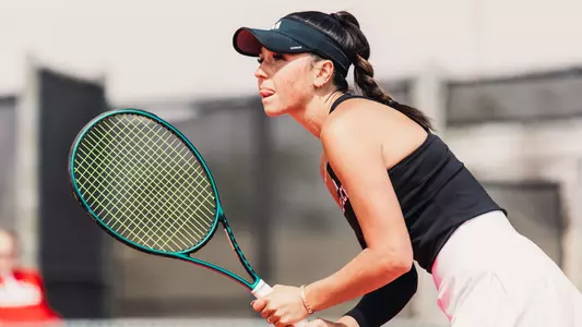 Hailey Murphy preparing to return a serve. Texas Tech vs Colorado women's tennis on March 28, 2026 in Lubbock, TX. (Photo by Gavin Daly/Texas Tech Athletics)