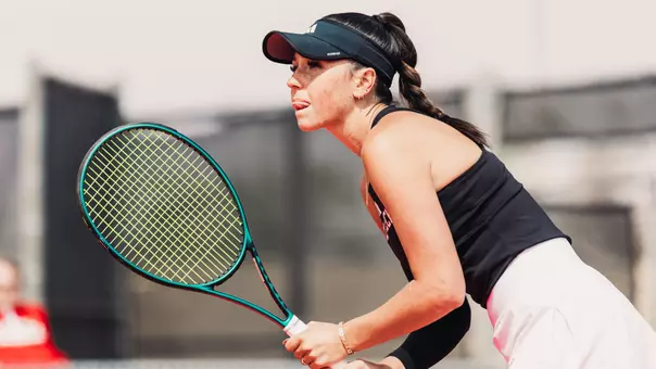 Hailey Murphy preparing to return a serve. Texas Tech vs Colorado women's tennis on March 28, 2026 in Lubbock, TX. (Photo by Gavin Daly/Texas Tech Athletics)