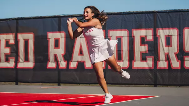 Elena Daskalova hitting a backhand. Texas Tech vs BYU Women's Tennis on March 21, 2026 in Lubbock, TX. (Photo by Joseph Cabrera/ Texas Tech Athletics)