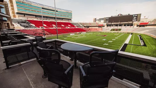 View from Jones AT&T Stadium's South End Zone Building of an empty stadium.
