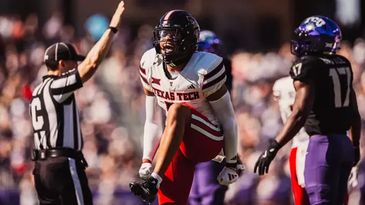 Brenden Jordan celebrates a key stop in Texas Tech's 2024 road game at TCU.