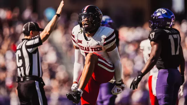 Brenden Jordan celebrates a key stop in Texas Tech's 2024 road game at TCU.