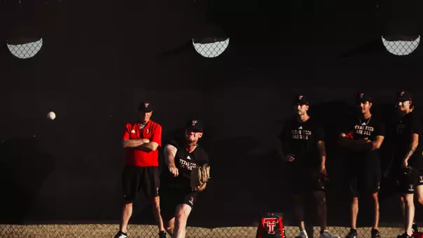Tech Reliever Logan Bevis tosses a bullpen session during the Red Raiders practice session at Surprise Stadium Monday evening