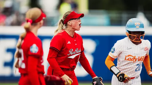 Mia Williams celebrates after getting an out against Tennessee.