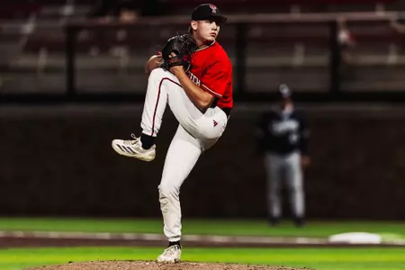 Connor Shouse delivers a pitch during the Red Raiders 9-7 win over DBU Tuesday