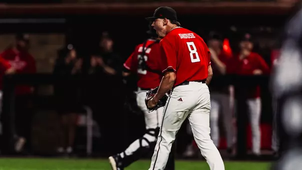 Connor Shouse celebrates following his save that closed out Tech's 9-7 win