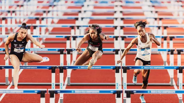 Symoria Adkins jumping over the hurdles at the 2026 NCAA Outdoor Championships
