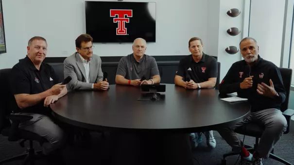 Thumbnail photo featuring Grant Stovall (Texas Tech Senior Associate A.D. for Student-Athlete Health and Wellness), President Lawrence Schovanec, head coach Joey McGuire, Director of Athletics Kirby Hocutt and Robert Giovannetti (Senior Associate A.D.) for a video response to questions on the Brendan Sorsby legal injunction.
