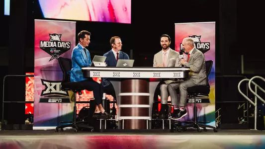 Joey McGuire joins the ESPNU set for a live TV segment during the 2025 Big 12 Media Days event at The Star in Frisco.