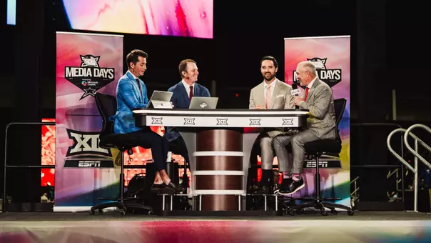 Joey McGuire joins the ESPNU set for a live TV segment during the 2025 Big 12 Media Days event at The Star in Frisco.