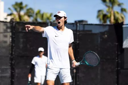 Imran Daniel Hazli reacts following a point during a tennis match for San Diego State vs. UC Davis