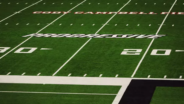 Photo of the Progressive logo now on the turf at Galaxy Stadium as part of an on-field corporate sponsorship.
