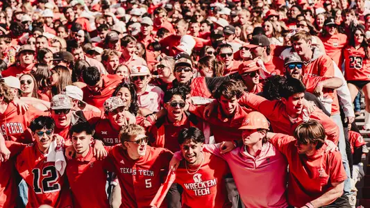 Texas Tech's student sections sways back and forth prior to the fourth quarter of a 2025 home game.