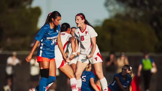 5th-Year Senior Taylor Zdrojewski celebrates her first of two goals in Tech's 2-0 win over Boise State