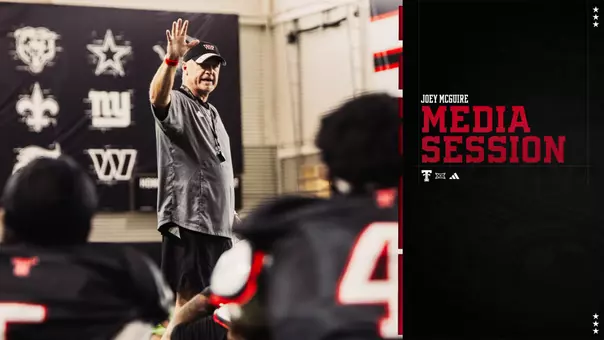 Thumbnail featuring Joey McGuire for the Aug. 25 media session airing on TexasTech+.