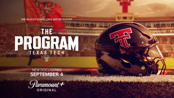 Promotional graphic featuring Texas Tech's helmet inside Galaxy Stadium for The Program, which debuts Sept. 4 on Paramount+