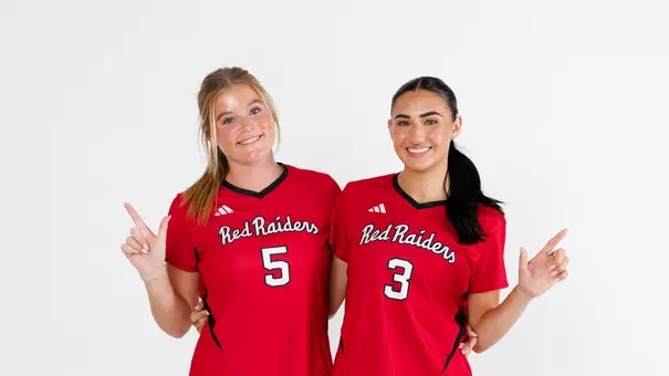 Texas Tech Soccer Defenders Eleanor Hays (left) and Kylie Bahr (right) pose on Promo Day on July 15, 2026 in Lubbock, TX. (Photo by Jacob Reiner/Texas Tech Athletics)