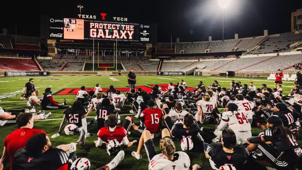 Joey McGuire addresses the team during 2026 preseason camp