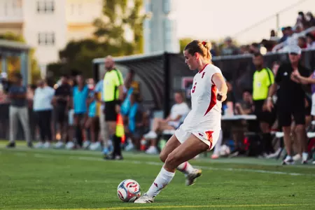 Eleanor Hays delivers a free kick service during Tech's contest against Kent State