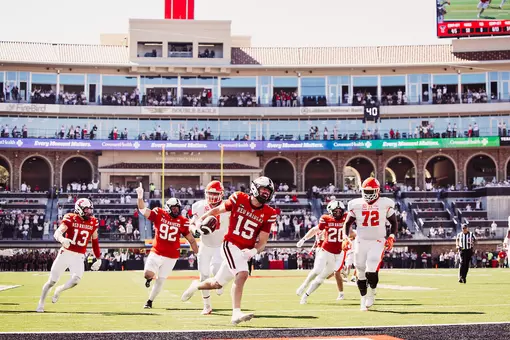 Austin Romaine walking into the endzone for his second pick-6 at Texas Tech vs. Sam Houston on September 26th, 2026.