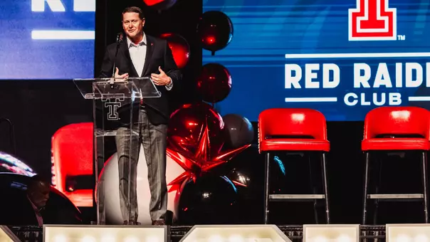 Kirby Hocutt speaks at the Red Raider Club Kickoff Luncheon ahead of the 2026 football season.
