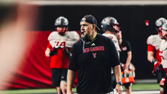 Lance Barilow blowing a whistle at Texas Tech FB Practice April 9, 2026 in Lubbock, TX. (Photo by Michael Maddox/Texas Tech Athletics
