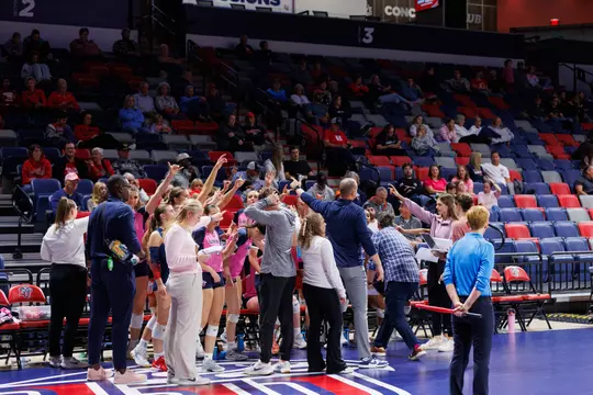 Liberty University’s Women’s Volleyball team faces Kennesaw State in a match at Liberty Arena on October 10, 2025. (Photo by Ryan Anderson)