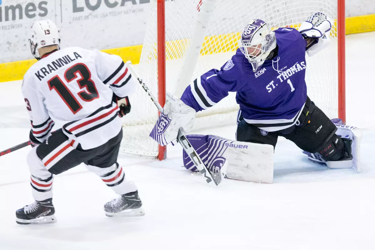 Jami Krannila (SCSU-13) PETER THOME (St. Thomas-1) 2021 October 2 St. Cloud State University and St. Thomas meet in a non conference hockey game at the Herb Brooks National Hockey Center in St. Cloud, MN