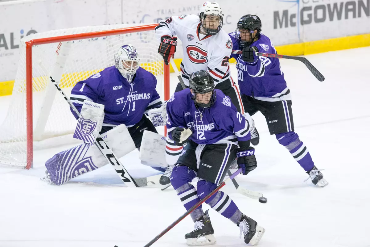 Joe Molenaar (SCSU-22) PETER THOME (St. Thomas-1) TREVOR ZINS (St. Thomas-2) AARON SWANSON (St. Thomas-20) 2021 October 2 St. Cloud State University and St. Thomas meet in a non conference hockey game at the Herb Brooks National Hockey Center in St. Cloud, MN