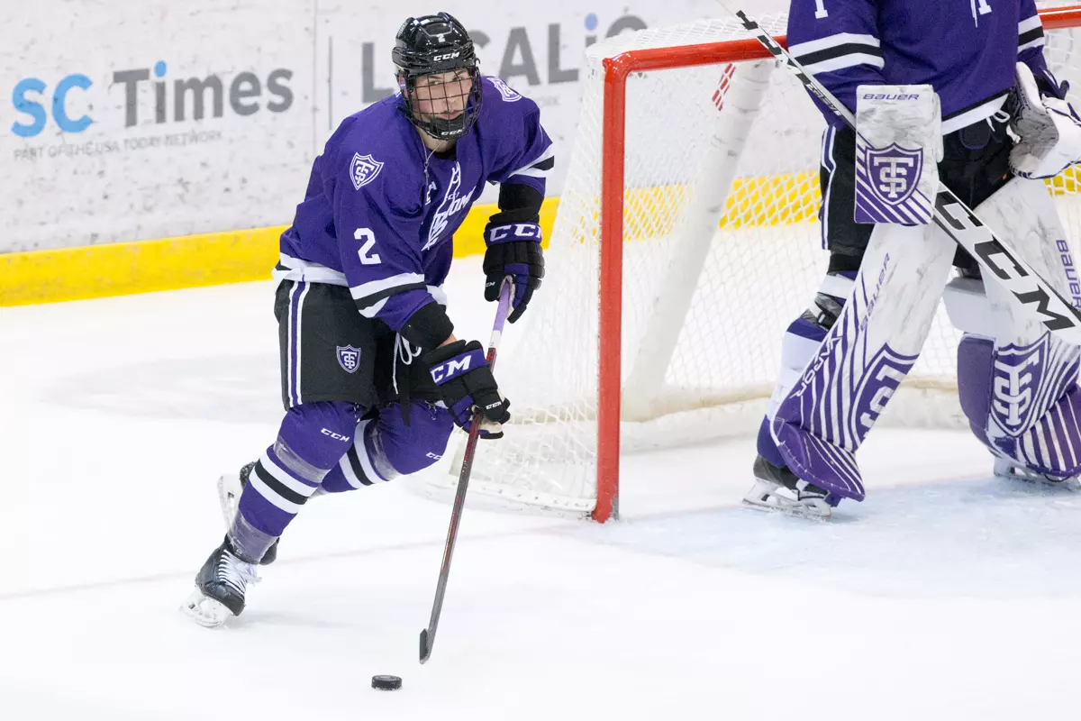 TREVOR ZINS (St. Thomas-2) 2021 October 2 St. Cloud State University and St. Thomas meet in a non conference hockey game at the Herb Brooks National Hockey Center in St. Cloud, MN