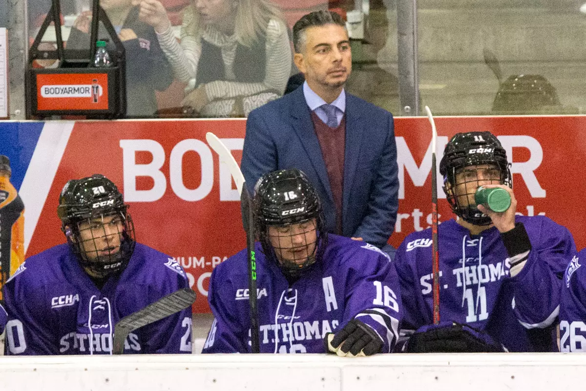 Head Coach RICO BLASI 2021 October 2 St. Cloud State University and St. Thomas meet in a non conference hockey game at the Herb Brooks National Hockey Center in St. Cloud, MN