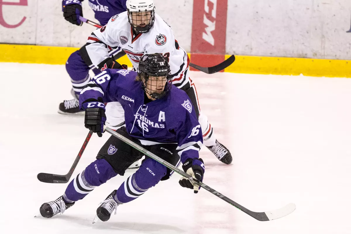 LUKE MANNING (St. Thomas-16) 2021 October 2 St. Cloud State University and St. Thomas meet in a non conference hockey game at the Herb Brooks National Hockey Center in St. Cloud, MN